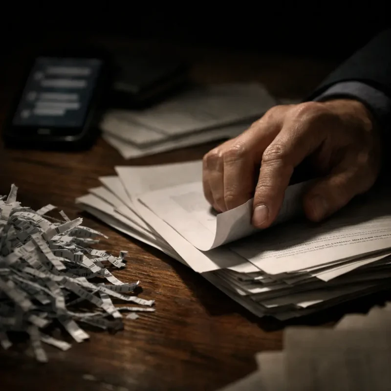 person secretly hiding legal documents representing obstruction of justice