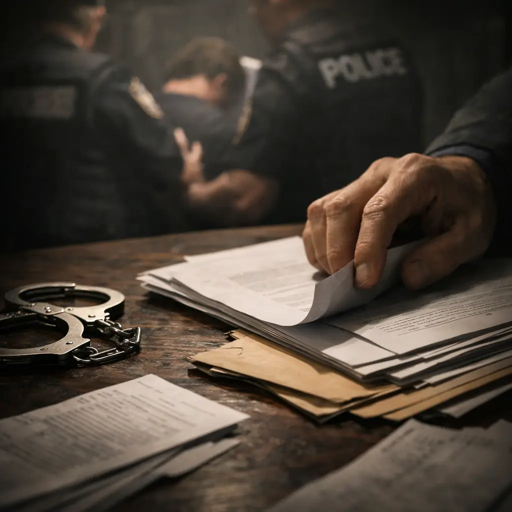 person hiding legal documents while police arrest suspect in background representing obstruction of justice