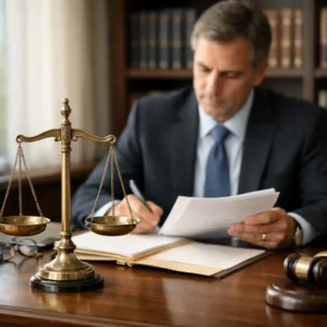 Lawyer reviewing legal documents at desk with scales of justice and gavel representing pro bono work in legal context
