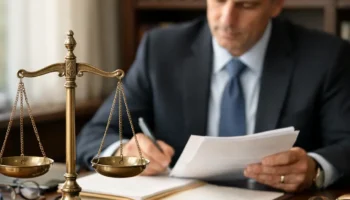 Lawyer reviewing legal documents at desk with scales of justice and gavel representing pro bono work in legal context
