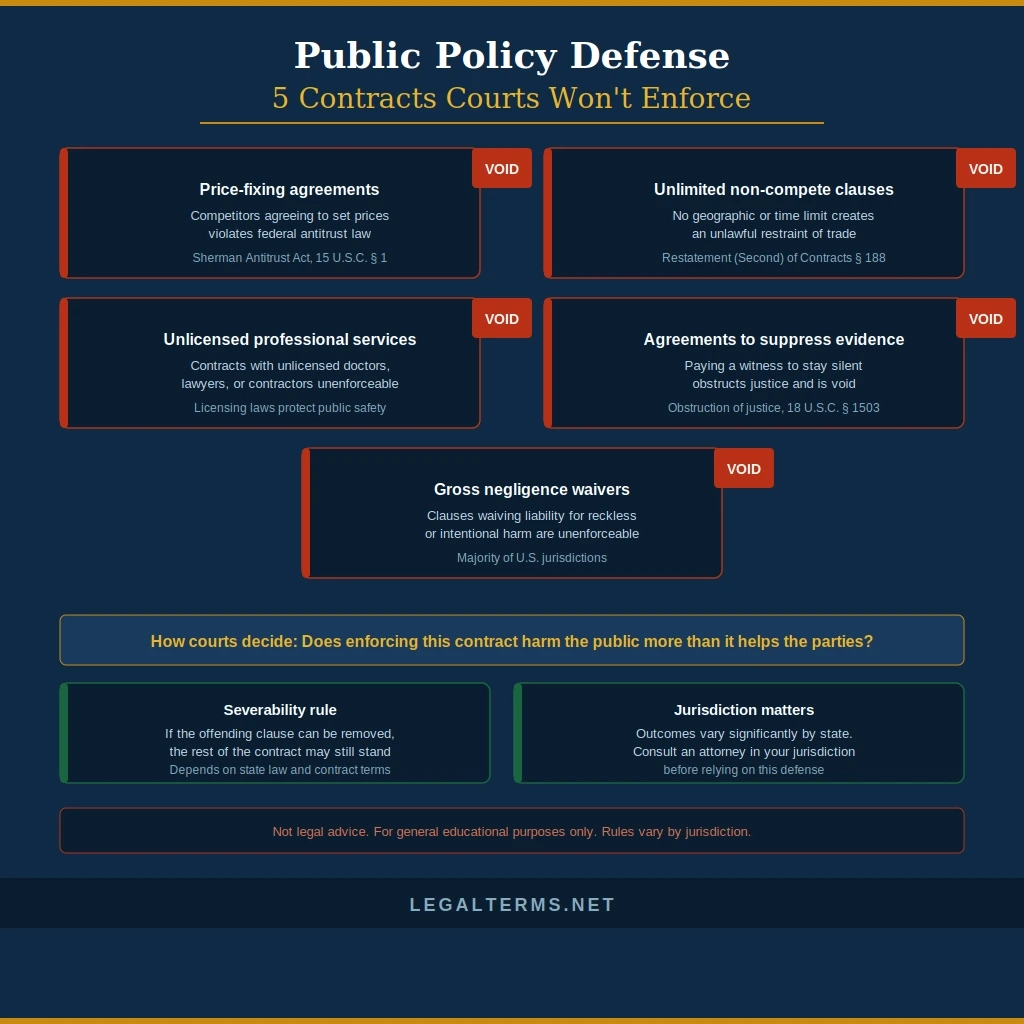 Infographic showing five contract types voided under the public policy defense in U.S. contract law