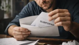 man reading subpoena letter with concerned expression at desk