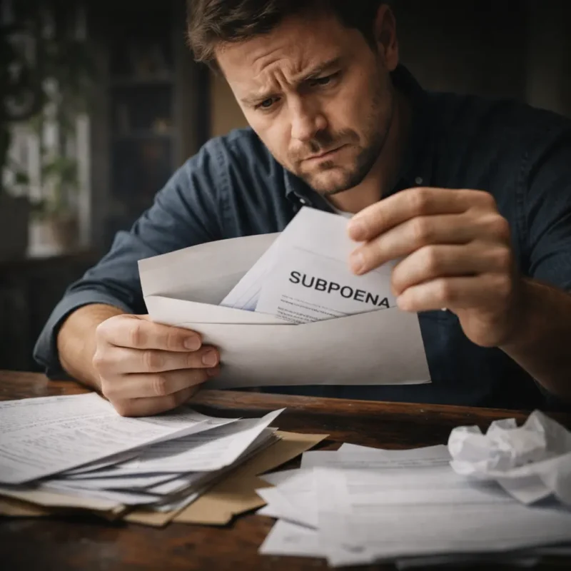 man reading subpoena letter with concerned expression at desk