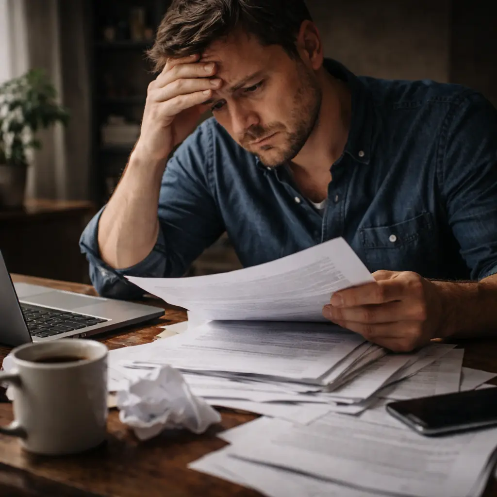 man reviewing legal documents stressed while handling subpoena without lawyer