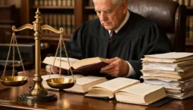 judge reviewing case law books and legal documents illustrating stare decisis principle