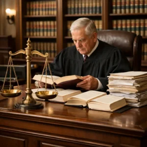 judge reviewing case law books and legal documents illustrating stare decisis principle