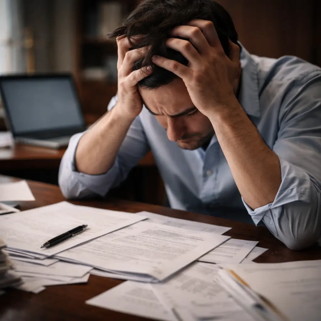 stressed person overwhelmed by legal documents after making mistakes responding to subpoena
