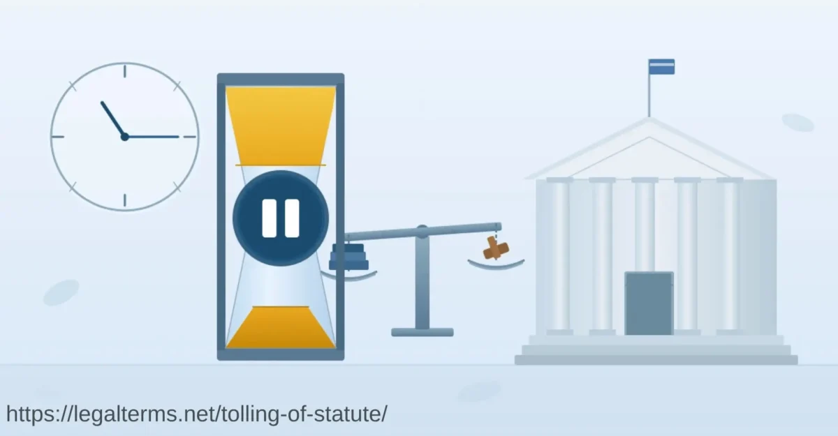 tolling of statute illustration showing paused hourglass with justice scale and courthouse
