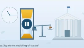 tolling of statute illustration showing paused hourglass with justice scale and courthouse