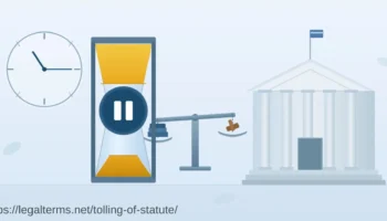 tolling of statute illustration showing paused hourglass with justice scale and courthouse