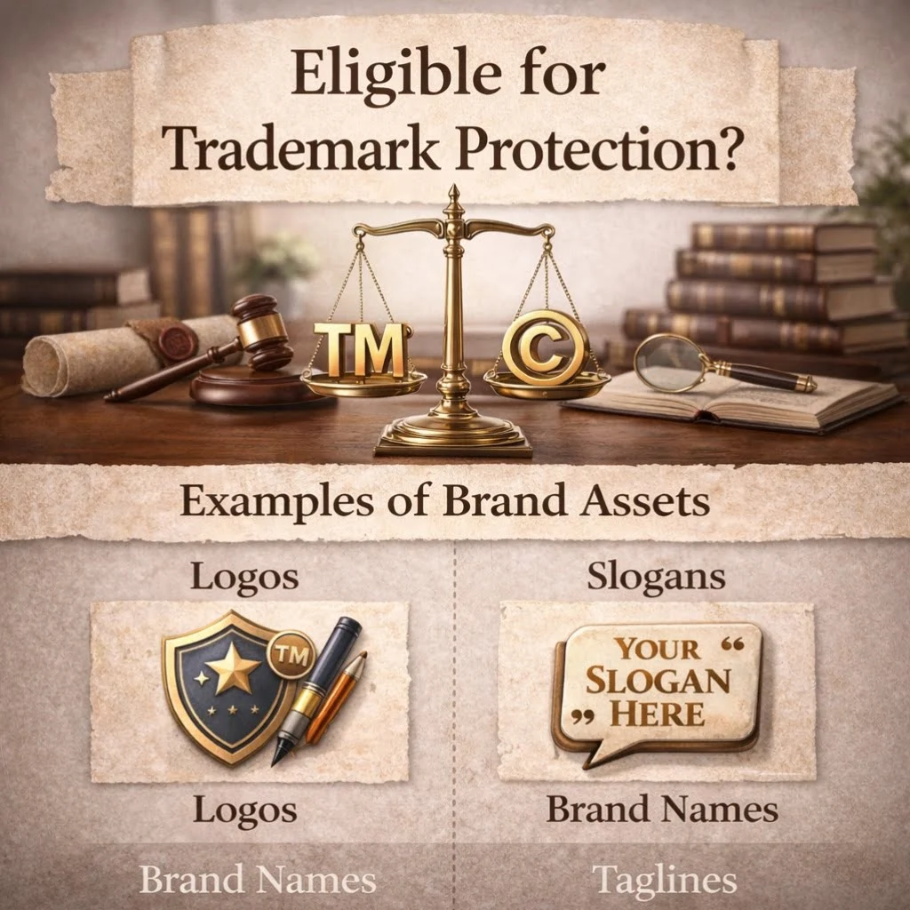 Infographic showing logos, slogans, brand names and taglines that qualify for trademark protection in intellectual property law