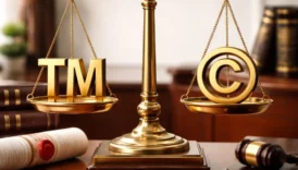 Balanced scale of justice showing trademark vs copyright symbol representing legal differences in intellectual property law