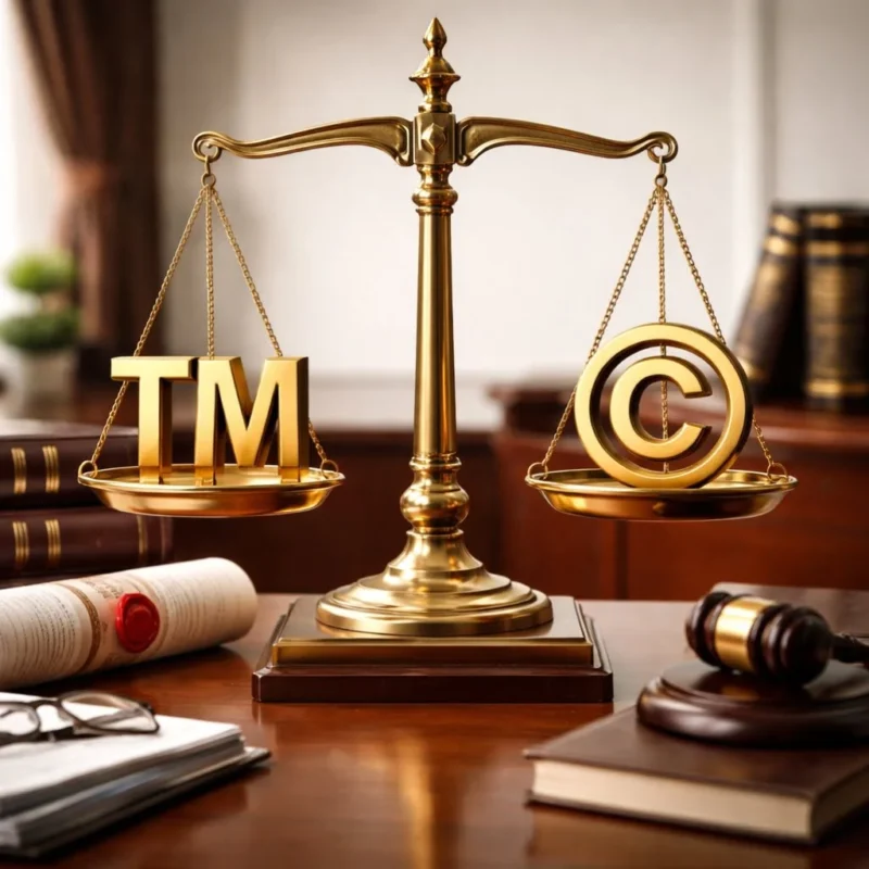 Balanced scale of justice showing trademark vs copyright symbol representing legal differences in intellectual property law
