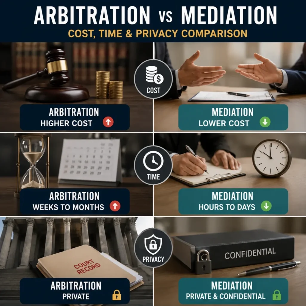 How Do Arbitration and Mediation Compare on Cost, Time, and Privacy