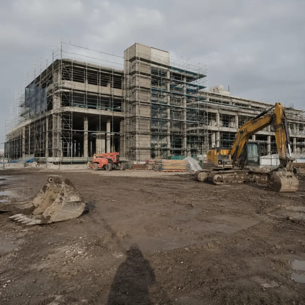Stalled commercial construction site illustrating per-day liquidated damages for late completion